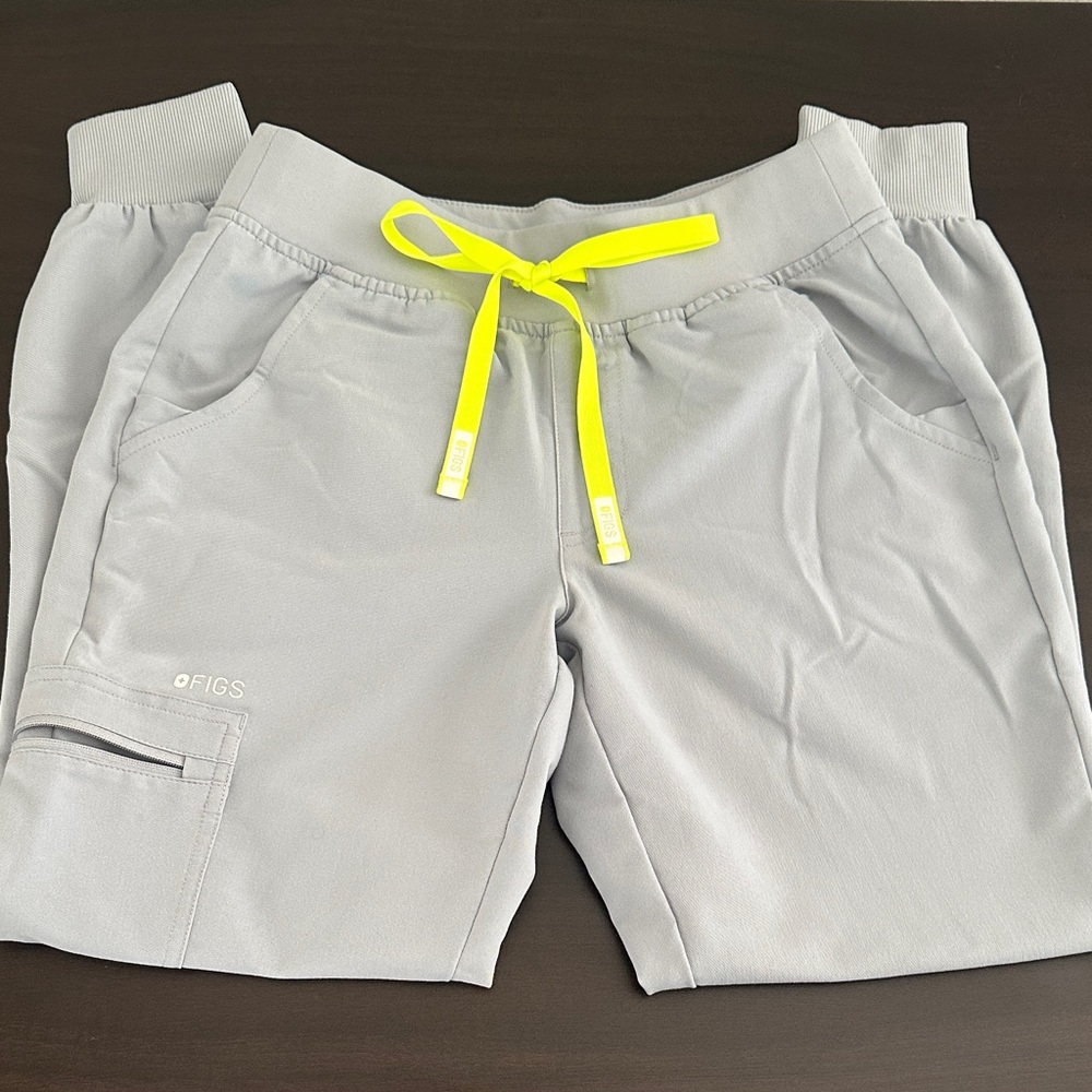 Figs Light Gray Jogger Pants with Bright Yellow Drawstring